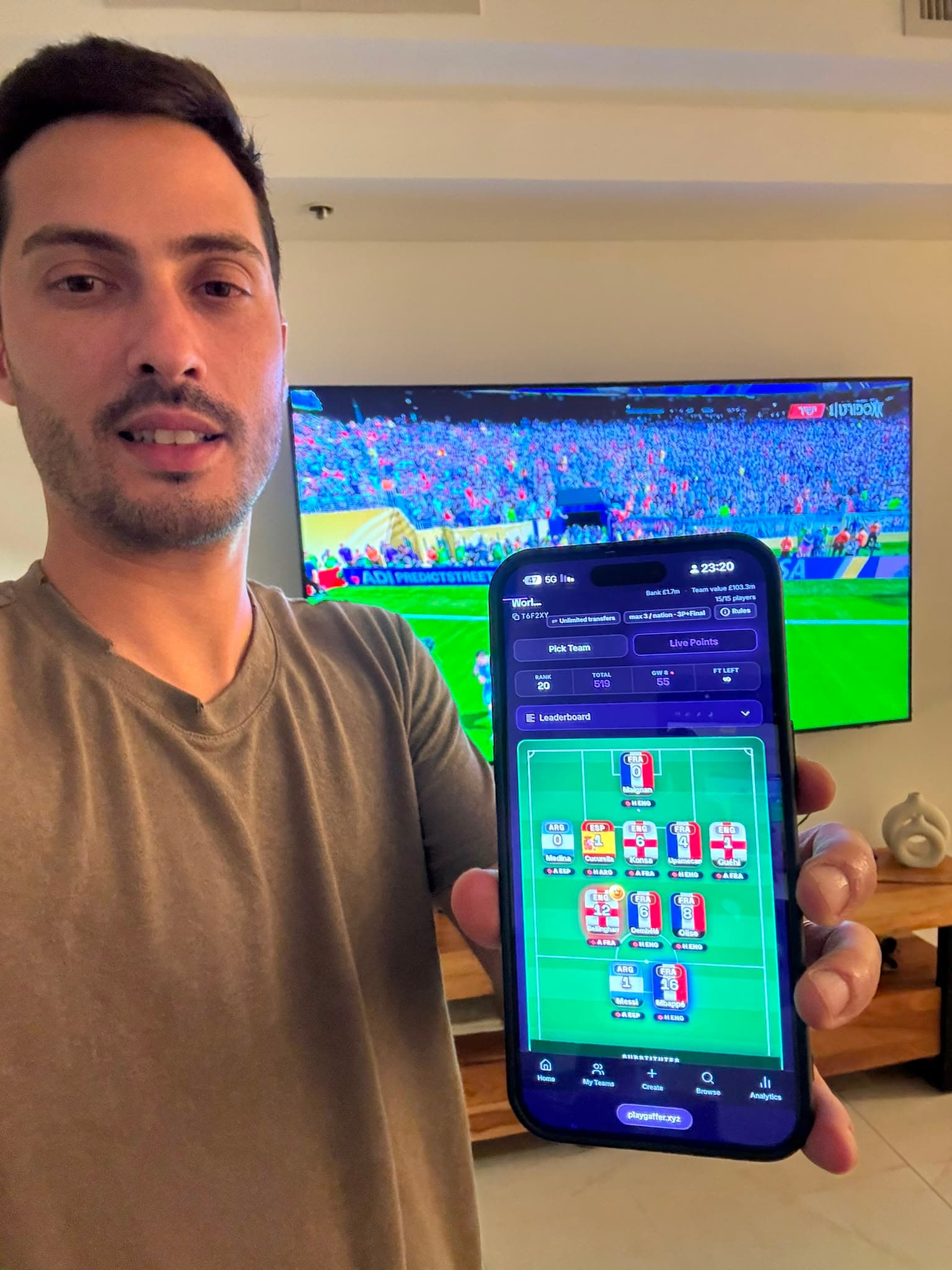 A Gaffer player showing the live league table during a football match